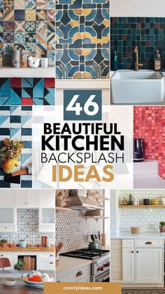 the words beautiful kitchen backsplash ideas are shown in many different styles and colors