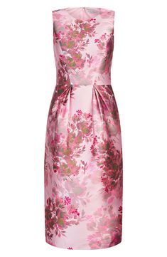 Endlessly elegant, this special-occasion sleeveless sheath features a blushing bloom print and crisp waistline pleats. 44" length (size 8) Hidden back-zip closure Jewel neck Sleeveless Side vent Lined 100% polyester Dry clean Imported Sleeveless Mother Of The Bride Dresses, Satin Sheath Dress, Dressy Hats, Beautiful Wardrobe, Dreamy Gowns, Kay Unger, Dressy Dresses, Jewel Neck, Midi Length Dress