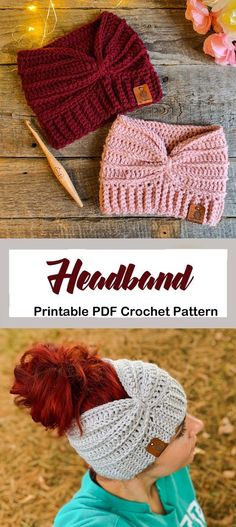 the headband crochet pattern is shown in two different colors and has been made with