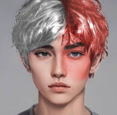 an artist's rendering of a male with red and silver hair, wearing a grey shirt