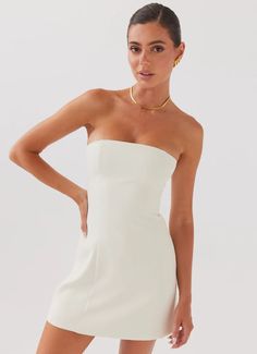 Ayanna Strapless Mini Dress - Ivory – Peppermayo US Peppermayo Dress, Outfits For Occasions, Sorority Rush Outfits, Rush Outfits, Grad Pics, Strapless Neckline, Long Sleeve Knit Dress, Grad Dresses, Wishing Well