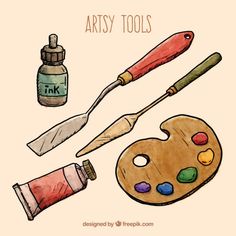 an artist's tools are depicted in this hand - drawn illustration with the words artsy tools