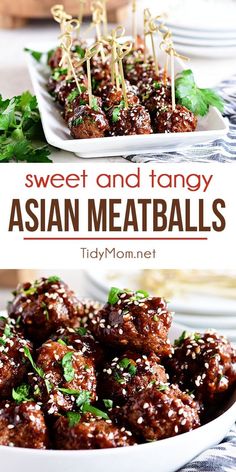 These crowd-pleasing Sweet and Tangy Asian Meatballs cook up in no time with a homemade sticky teriyaki sauce. They make a sensational appetizer for a party or dinner idea when served over rice and broccoli. Print the full recipe at TidyMom.net #meatballs #appetizer via @tidymom Asian Dishes For A Crowd, Asian Recipes For A Crowd, Asian Starters Appetizers, Meatball Party Appetizers, Chinese Food For A Crowd, Sides With Meatballs, Meat Ball Appetizers, Meat Ball Dinner Ideas, Asian Appetizers Easy