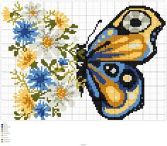 a blue and yellow butterfly with flowers on it's back side is shown in the cross stitch pattern