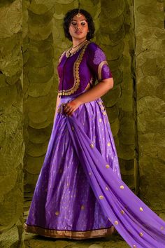 Deep lavender lehenga with silk tape, aari, zari and silk thread embroidery. Paired with a plum violet embroidered long blouse and a circular butti embroidered dupatta. - Aza Fashions Lavender Lehenga, Silk Thread Embroidery, Embroidered Lehenga, Embroidered Dupatta, Thread Embroidery, Silk Thread, Long Blouse, Set For Women, Aza Fashion