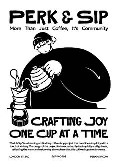 an advertisement for perk and sip coffee, featuring a cartoon character making a cup