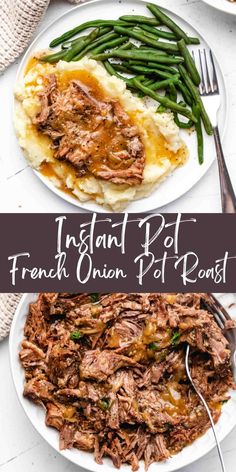 french onion pot roast on a plate with mashed potatoes and green beans