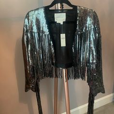 Anthropologie Nwt Xs Sequin Fringe Jacket. Never Worn, Wore Something Else. Super Cute For Fall/Winter. Metallic Evening Outerwear For Fall, Metallic Outerwear For Fall Party, Metallic Long Sleeve Outerwear For Party Season, Silver Outerwear For Fall Party, Elegant Metallic Outerwear For Fall, Metallic Blazer For Evening In Fall, Silver Blazer For Night Out In Fall, Metallic Evening Blazer For Fall, Silver Evening Outerwear For Winter