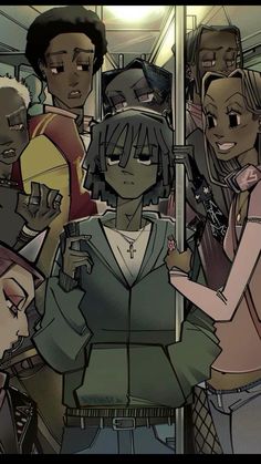 a group of people standing around each other on a subway car, all looking at their cell phones