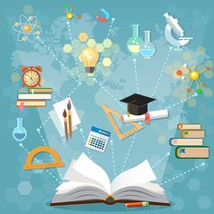 an open book surrounded by school supplies and science related items on a blue background with hexagonal shapes