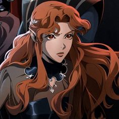 an anime character with long red hair standing next to another character in front of her