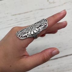 Extra Large Silver Long Floral Ring Charming Bohemian Style Large Statement Ring  Adjustable and sturdy  length- 1.75 inches  width-1 inch  #bohemian hippie #gift for her #silver  jewelry #statement jewelry #long ring Adjustable Metal Rings For Festival, Bohemian Metal Rings For Jewelry Making, Vintage Metal Rings For Festival, Nickel Free Metal Rings For Festival, Nickel-free Metal Rings For Festivals, Bohemian Nickel-free Metal Rings, Vintage Festival Ring, Handmade Bohemian Filigree Ring, Bohemian Filigree Open Ring With Intricate Design