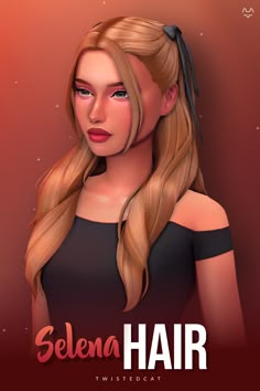 a woman with long blonde hair wearing a black top and red background is featured in the video game selena hair