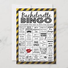 a card with the words bachelor bingo written in black and yellow on it, next to a