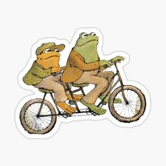 two frogs riding on the back of a bicycle sticker, both wearing hats and backpacks