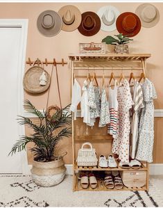 a clothing rack with hats, shoes and other items hanging on the wall next to a potted plant