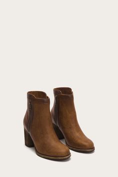 Addie Double Zip | The Frye Company The Frye Company, Moto Style, Antique Metal, Shoes Booties, Mid Heel, Short Boots, Vintage Leather, Italian Leather, Cognac