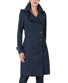 in stock Fitted Hooded Raincoat For Fall, Workwear Raincoat With Adjustable Hood, Hooded Trench Coat, Trench Coat, Pick Up, In Store, Buy Online, Water Resistant, Navy