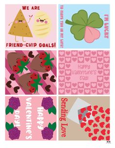 four valentine's day cards with hearts, strawberries and pizza