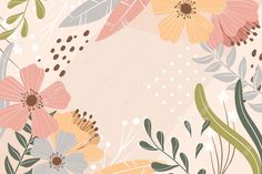 an abstract floral background with pink, yellow and green flowers on a light peach background