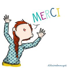 a drawing of a woman holding her hands up with the word merci above her head