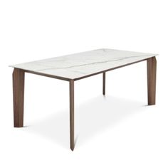 a marble top table with wooden legs on an isolated white background, viewed from the front