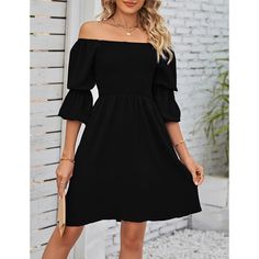 Black Pleated Square Neck Puff Sleeve Dress Black Mini Puff Sleeve Dress For Brunch, Casual Solid Color Puff Sleeve Party Dress, Black Casual Puff Sleeve Mini Dress, Casual Black Puff Sleeve Mini Dress, Black Fitted Puff Sleeve Dress For Day Out, Casual Black Puff Sleeve Dress For Brunch, Casual Black Knee-length Puff Sleeve Dress, Black Knee-length Puff Sleeve Dress For Brunch, Knee-length Black Puff Sleeve Dress For Brunch