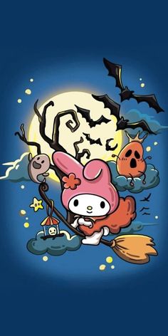 an image of a cartoon character flying in the sky with bats and pumpkins on it