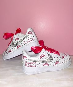 Nike Air Force 1s with a little flare! 💎 These beautiful sneakers can be customized for your Quinceañera, Sweet 16, College game days, weddings, or any event that you can think of! The glitter vinyl used for the theme can be customized to the color of your choosing. ✨ Ribbon laces will be provided and will match the rhinestone color, unless specified in the order. 🎀 Orders are shipped within 2 weeks. Shoes are ordered directly from the Nike store, so they are brand new and authentic Nikes. NOTE: 🌺 As this is a custom item, there will be no refunds or exchanges. If you have any questions, please reach out to us before placing the order, and we'll be more than happy to assist you! ❤️  Thank you for choosing our store! I hope that you'll love these shoes as much as we have enjoyed creating Christmas Nike Shoes, White Personalized Sneakers For Gift, White Personalized Sneakers As Gift, Personalized White Sneakers For Gifts, Personalized White Sneakers As Gift, White Custom Sneakers With Bling, Round Toe, White Low-top Custom Sneakers With Bling, Customizable White Sneakers For Party, Customizable Pink Sneakers As A Gift