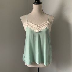 Zara Seafoam Green Crepe And Cream Lace Camisole With Adjustable Straps. Really Beautiful Button Detail On The Back. Never Been Worn With Tags Still Attached. Chiffon Cami Tops, Sequin Cami Top, Black Lace Cami, Velvet Corset, Tulle Top, Light Blue Top, Layered Tank Top, Lace Trim Cami, Bralette Crop Top