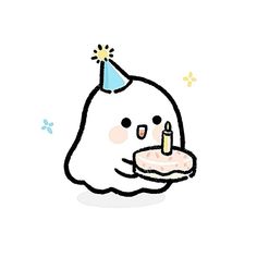 a drawing of a birthday cake with a candle on it's plate and a party hat on top