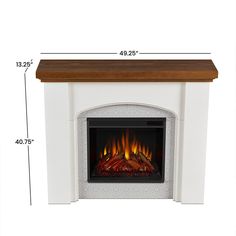 a white fireplace with a wood mantle and fire logs on it's sides, showing the height