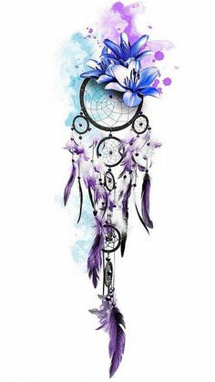 a drawing of a dream catcher with feathers on it's head and flowers in the center