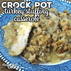 crock pot turkey stuffing casserole on a blue plate