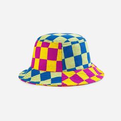 Mixed checkerboard jacquard knit bucket hat. Each hat is one of a kind – patchwork pattern placement may vary, but that's the fun of it. Details Body: 100% Acrylic Lining: 100% PolyesterMachine wash gentle, lay flat to reshape and dry8.5"w, 3.5"h, 2.25" brim Trendy Multicolor Bucket Hat With Curved Brim, Trendy Multicolor Curved Brim Bucket Hat, Fun Multicolor Bucket Hat With Short Brim, Fun Multicolor Short Brim Bucket Hat, Trendy Multicolor Bucket Hat With Short Brim, Retro Multicolor Bucket Hat With Curved Brim, Multicolor Bucket Hat For The Beach, Multicolor Bucket Hat For Outdoor Use, Multicolor Bucket Hat For Beach