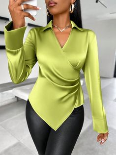 SHEIN Slayr "Solid Color Wrap Long Sleeves Irregular Hem Detail Women's Satin Blouse" | SHEIN English Outfit, Smart Casual Women Outfits, Smart Casual Women, Ladies Tops Blouses, Modest Dresses Fashion, Tops For Ladies, Classy Gowns, 2piece Outfits, Chic Dress Classy