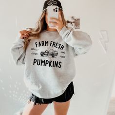 Farm Fresh Pumpkins Sweatshirt Sizes: small--3XL Unisex Fit Sweatshirt , Super Comfy True to Size Colors: MIilitary green, Ash Gray, White, Sand 🫧 C A R E I N S T R U C T I O N S:- Turn inside out- Wash only with like-colored garments- Wash cold on gentle cycle- Do not bleach-Tumble dry low- Do not iron on printed area ** R E FU N D S/ R E T U R N S :Should there be any issues with your item please contact me right away with photos, so I can better assist Trendy Pre-shrunk Fall Sweatshirt, Soft-washed Crew Neck Top For Fall, Fall Crew T-shirt With Text Print, Fall Crew Tops With Letter Print, Fall Crew Neck T-shirt With Text Print, Fall Crew Neck T-shirt With Letter Print, Fall Letter Print Crew Tops, Trendy Fall Crew Neck T-shirt, Crew Neck Top With Text Print For Fall