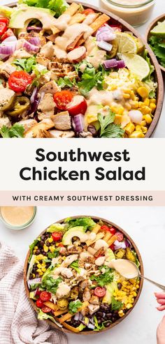 the southwest chicken salad with creamy southwest dressing is ready to be eaten and served for lunch