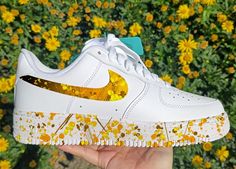 The Yellow Splash Custom Air Force 1 is constructed from high-end materials, with a sleek yellow and off-white design for a unique look. The durable construction is designed to last for years, so you can enjoy these stylish shoes for years to come. Exactly as shown in the pictures. 📷 Brand New & Authentic. 💯 Hand Painted with attention to detail. 👨‍🎨 Waterproof and Flexible. ❤️ Unisex model. Please refer to the Size Chart. 👟👫 Free Worldwide Shipping. ✈️🌍 Air Force 1 Sneakers, Black Splash, Insole Design, Custom Air Force 1, Sneaker Stores, Painted Shoes, Paint Ideas