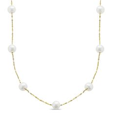 As elegant as can be, this pearl necklace takes any look up a notch. Fashioned in warm 14K gold, this stylish design is adorned with lustrous 7.0-7.5mm cultured freshwater pearls stationed along a sleek mirror link chain. Dressed up or down, this style is a delight. Polished to a brilliant shine, this 18.0-inch necklace secures with a spring-ring clasp. Local Jewelry, Station Necklace, Pearl Types, Freshwater Cultured Pearls, Pearl Size, Cultured Pearls, Necklace Designs, Spring Rings, Link Chain