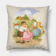 a pillow with an image of two children on the front and one is wearing a pink dress