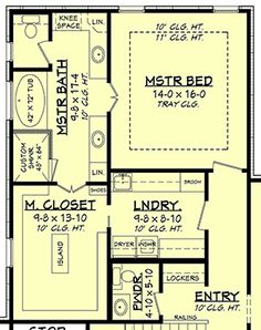 the first floor plan for a house with two master suites and an open kitchen area