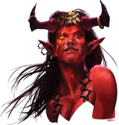 a woman with long hair and horns on her head is shown in red, yellow and black