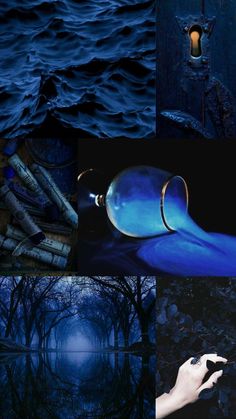 a collage of blue images with trees and water in the background at night time