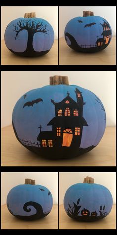 pumpkins painted to look like houses with bats on them