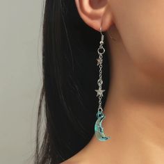 This Beautiful Silver Color Pair Of Clear Star And Crescent Moon Dangle Earrings Is A Wonderful Addition To Your Wardrobe And Your Style! Boho Style! Blue Moon-shaped Sterling Silver Earrings, Blue Moon Shaped Sterling Silver Earrings, Blue Star Charm Earrings For Party, Blue Dangle Earrings With Moon Charm, Blue Star Charm Drop Earrings, Blue Star Charm Dangle Earrings, Trendy Silver Moon-shaped Earrings, Blue Star Charm Jewelry For Party, Trendy Silver Moon Earrings