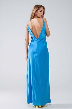 Subcategory: Dress. Collar: V-neck neckline. Sleeves: Sleeveless style. Fit: Standard fit. Style: Party. Detail: Open back. Fabric: Satin . Zipper: Zip-back fastening. runs true to size. S. 95% Polyester 5% Elastane Blue Bias Cut Maxi Length Slip Dress, Blue V-neck Maxi Dress With Tie Back, Blue V-neck Maxi Dress For Night Out, Blue Halter Neck Slip Dress For Party, Elegant Blue Tie Back Slip Dress, Elegant Blue Slip Dress With Tie Back, Blue V-neck Bias Cut Maxi Dress, Blue Spaghetti Strap Maxi Dress With Bias Cut, Blue Maxi Dress With Spaghetti Straps And Bias Cut