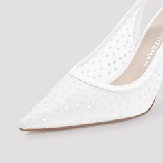 Stuart Weitzman Emilia White Mesh Slingback. Crafted from white mesh, crystal-encrusted vamp, white leather trim, pointed toe, strap on the back with rhinestones buckle, covered stiletto heel, branded insole and outsole.Measures: Heel high: 9cmGender: WomenMaterial: 85%MESH 15%CALF LEATHERColor: WHITEMade in: SPAIN|ESProduct ID: SJ014.MST_6*Import tax/duty will be calculated at checkout (If applicable) Glamorous White Slingback Pumps For Party, White Glamorous Slingback Pumps For Wedding, Glamorous White Slingback Pumps For Wedding, White Pointed Toe Slingback Pumps For Evening, Fitted White Slingback Pumps For Evening, Leather Cap, Boot Pumps, White Mesh, Slingback Sandal