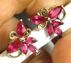 27.46 Tcw. Matched Ruby / White Gold Plated Earrings - Gorgeous Ruby Birthstone, Jewelry Auction, Ruby Earrings, Be Natural, Ruby Gemstone, Cluster Earrings, Natural Ruby, Gold Plated Earrings, Elegant Jewelry