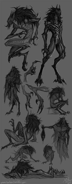 some black and white drawings of monsters with long legs, claws and fangs on their faces